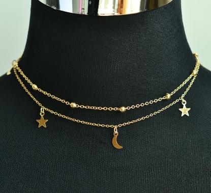 Layered star moon choker necklace