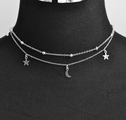 Layered star moon choker necklace