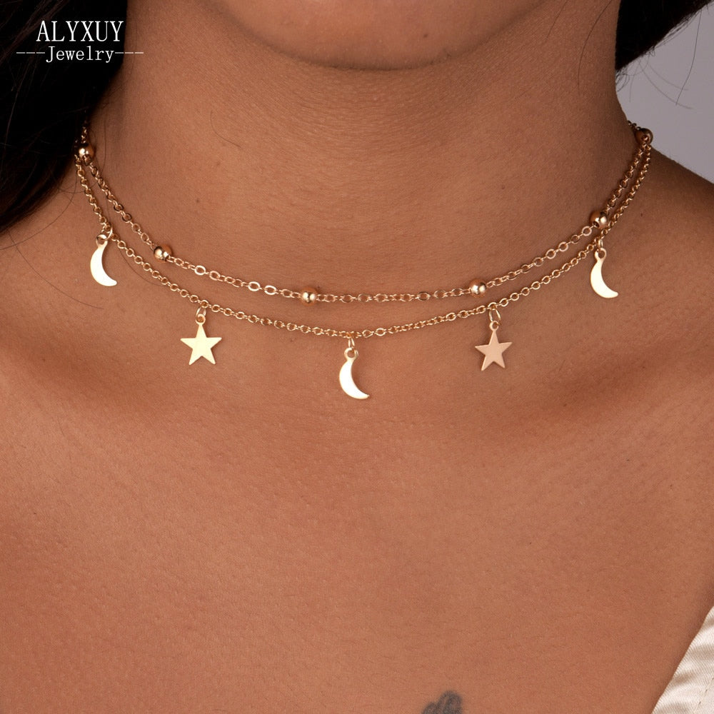 Layered star moon choker necklace